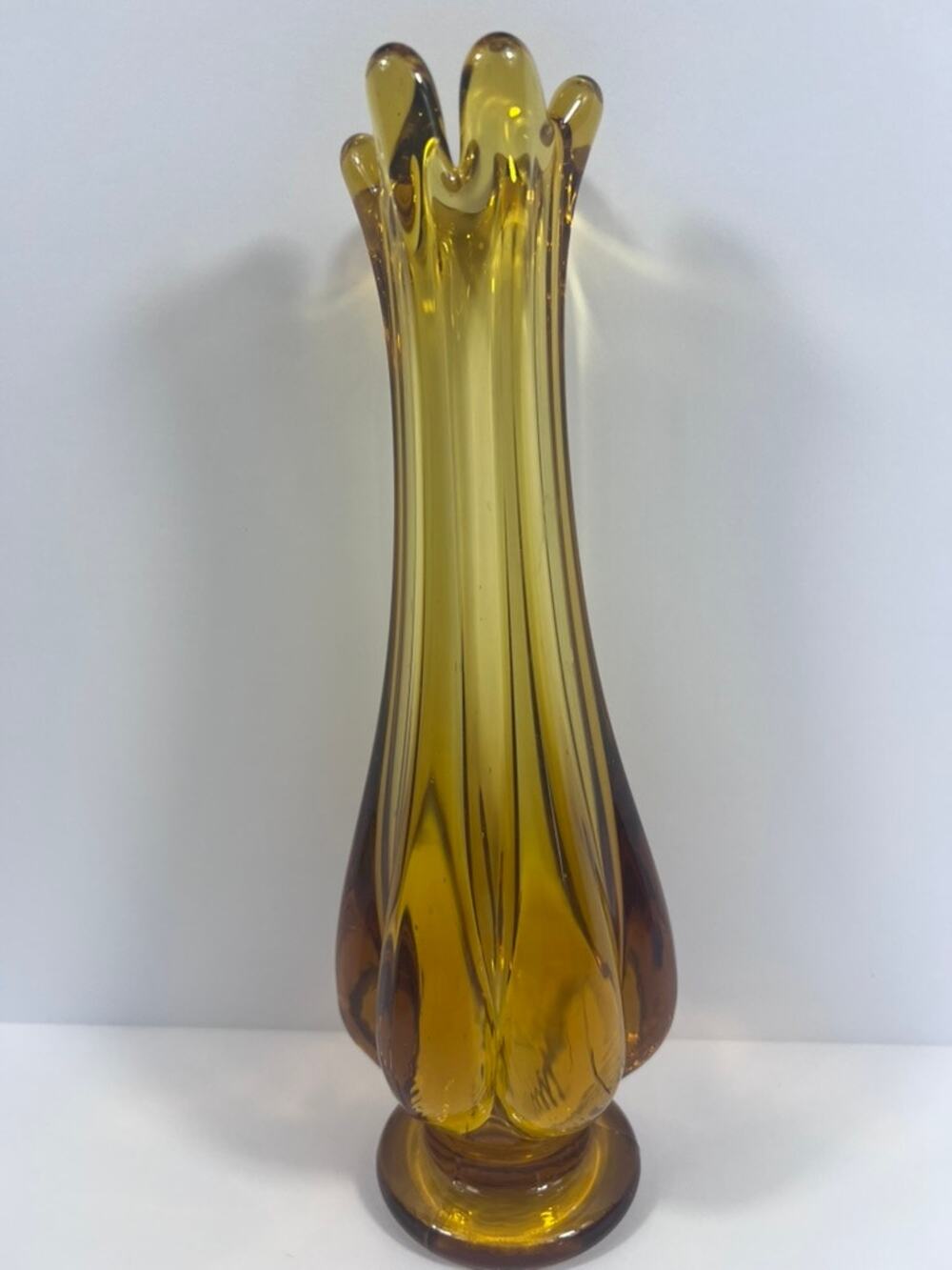 Vintage Mid-Century Amber Swung Glass Vase 10" Tall Scalloped Bud Vase